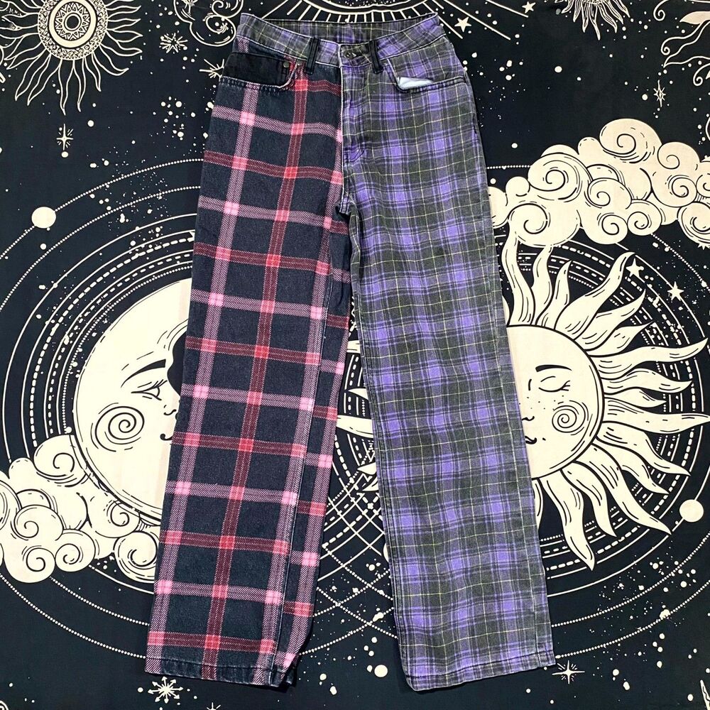 The Ragged Priest Jeans Women's 24x28 Purple Cotton Denim Straight Plaid Goth